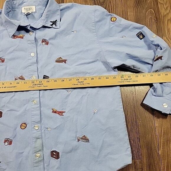 Vintage Teddi Shirt Womens XL Cameras Planes Embroidery Button Up Toll Tab STAIN - Picture 7 of 9
